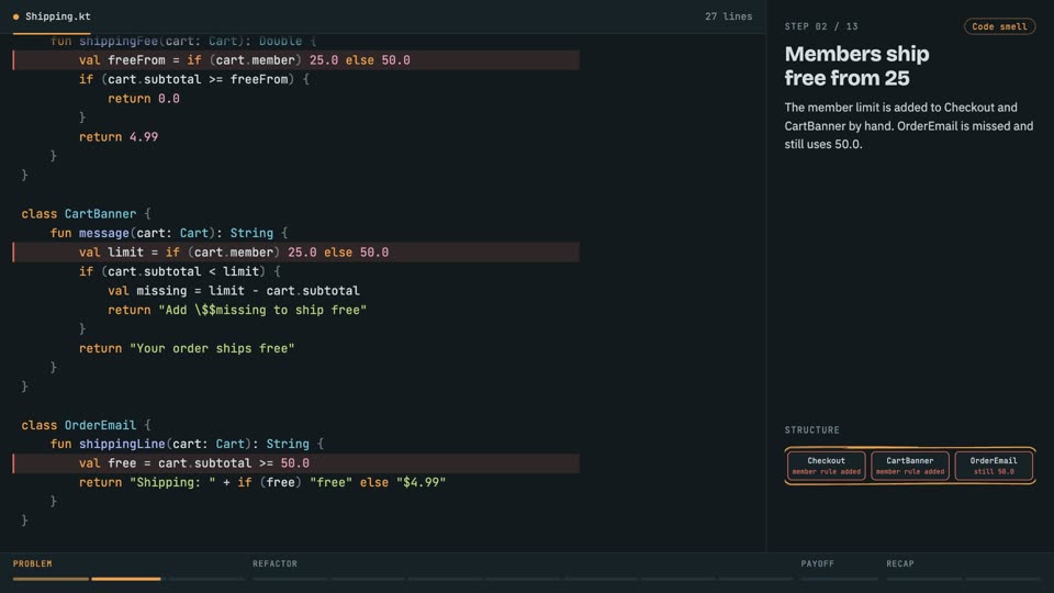 DRY: one rule, one place in Kotlin, step 2: Members ship free from 25