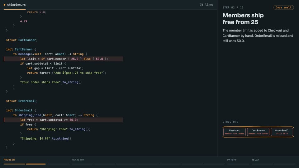 DRY: one rule, one place in Rust, step 2: Members ship free from 25