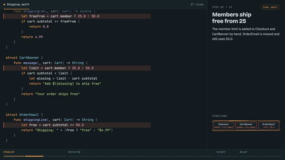 DRY: one rule, one place in Swift, step 2: Members ship free from 25