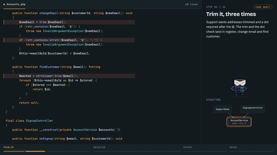 Primitive obsession: introduce domain types in PHP, step 2: Trim it, three times