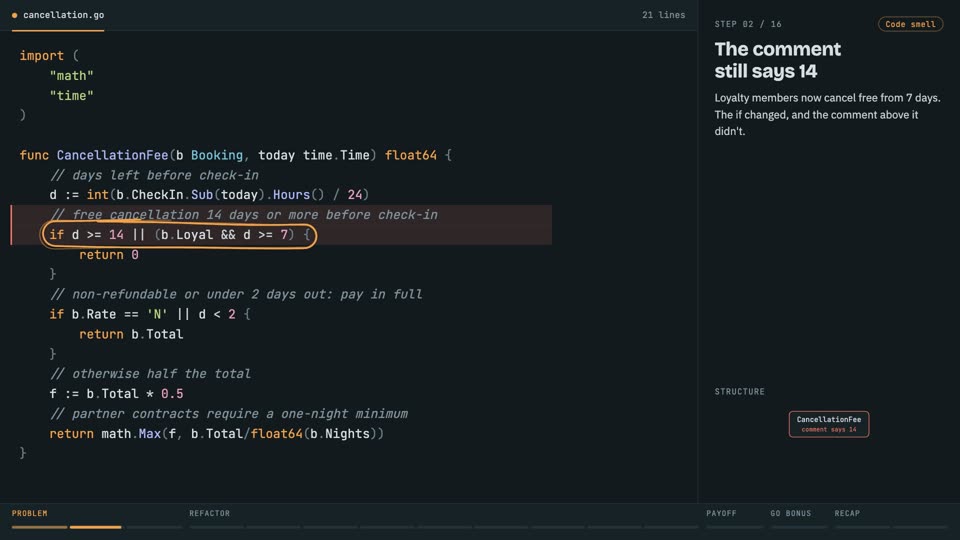 Clean code: replace comments with code in Go, step 2: The comment still says 14