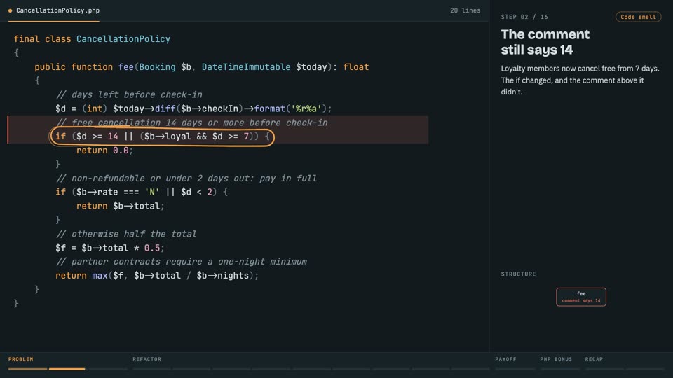 Clean code: replace comments with code in PHP, step 2: The comment still says 14