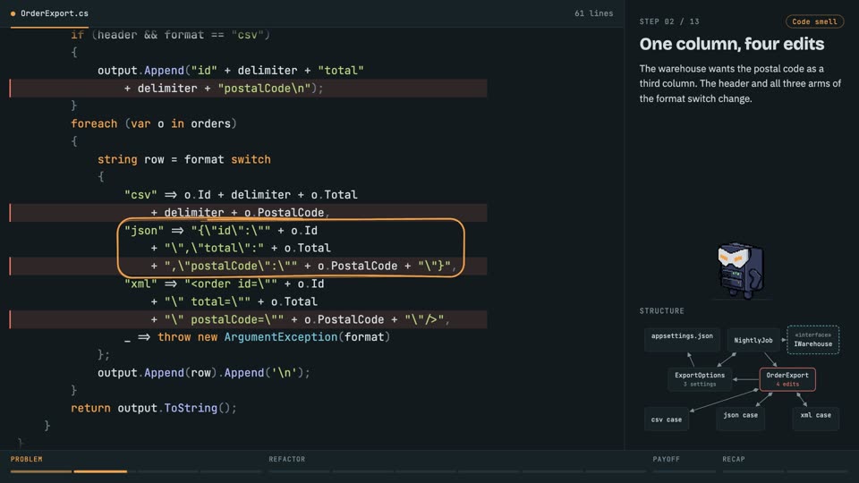 YAGNI: delete speculative options in C#, step 2: One column, four edits