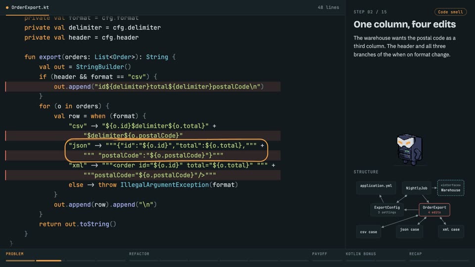 YAGNI: delete speculative options in Kotlin, step 2: One column, four edits