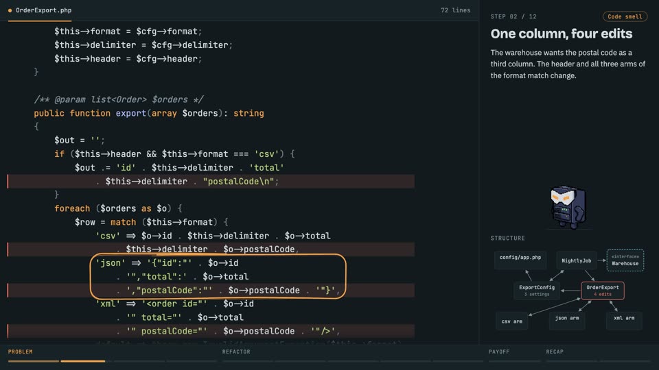 YAGNI: delete speculative options in PHP, step 2: One column, four edits