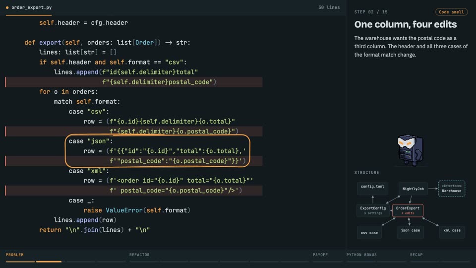 YAGNI: delete speculative options in Python, step 2: One column, four edits