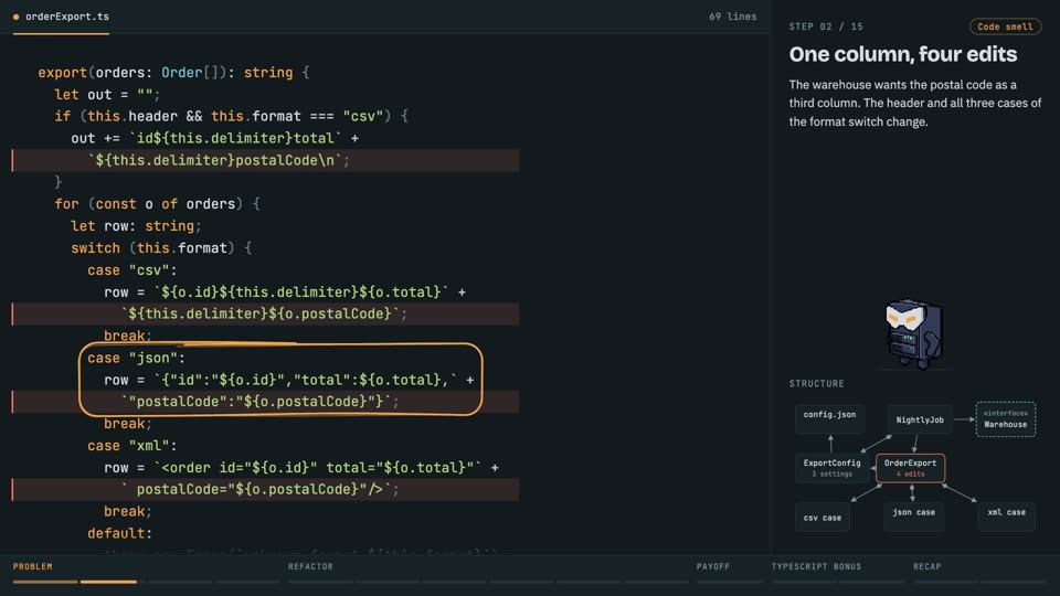 YAGNI: delete speculative options in TypeScript, step 2: One column, four edits